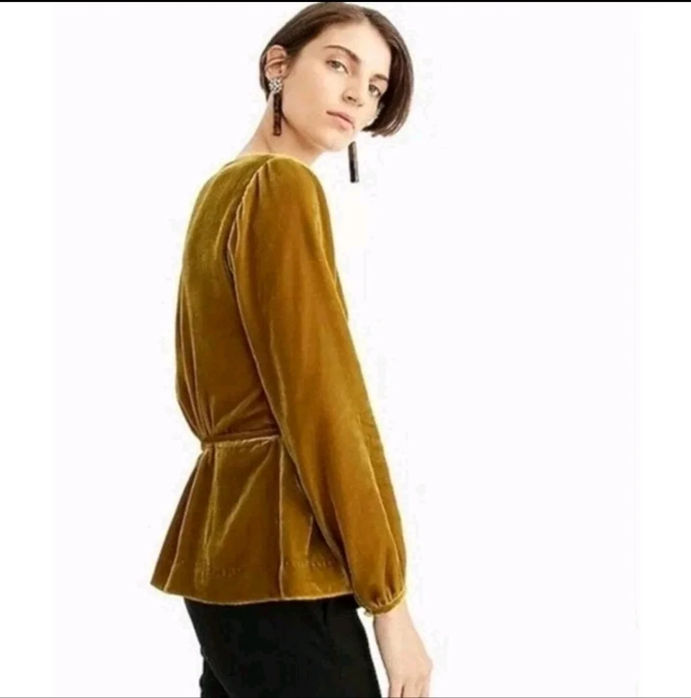 J Crew Velvet Wrap Peplum Top Mustard Yellow Long Sleeve women's 4 tall *no belt
